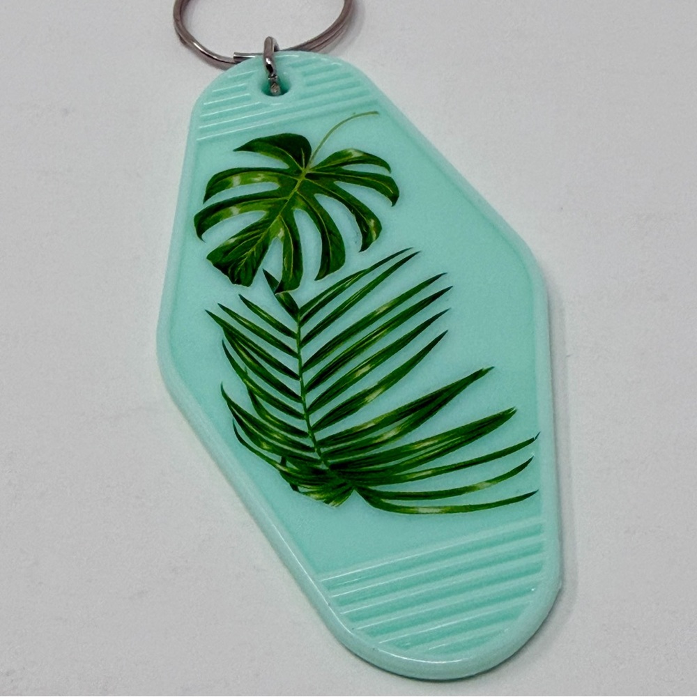 Handmade Mint Green Tropical Plant Print Plastic Metal Key Chain Retro Accent